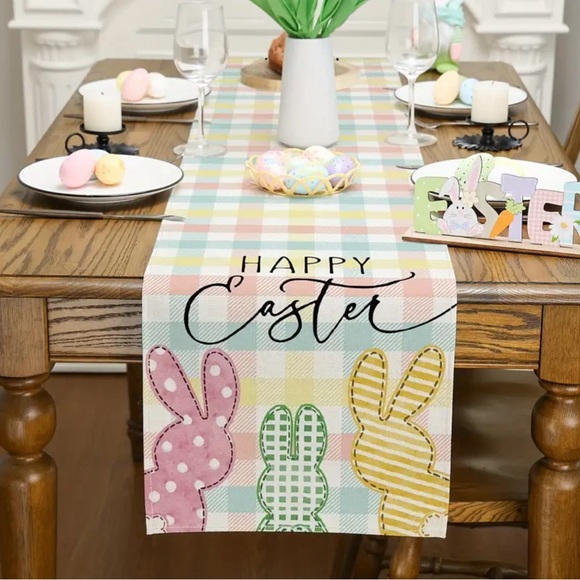 Other - Happy Easter Patterned Bunnies Checkered Table Runner